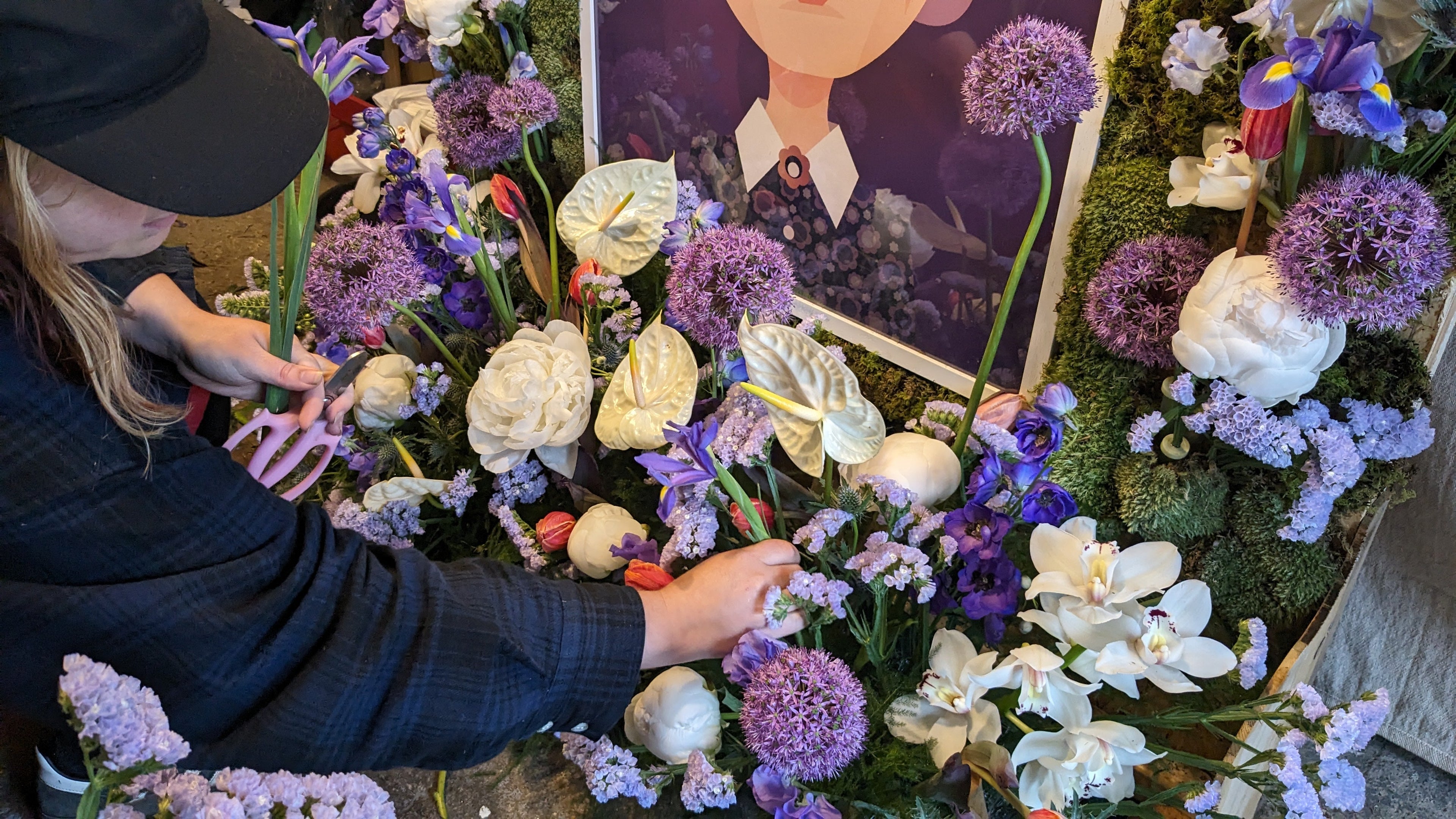 purple and white modern floral installation for the manchester flower festival