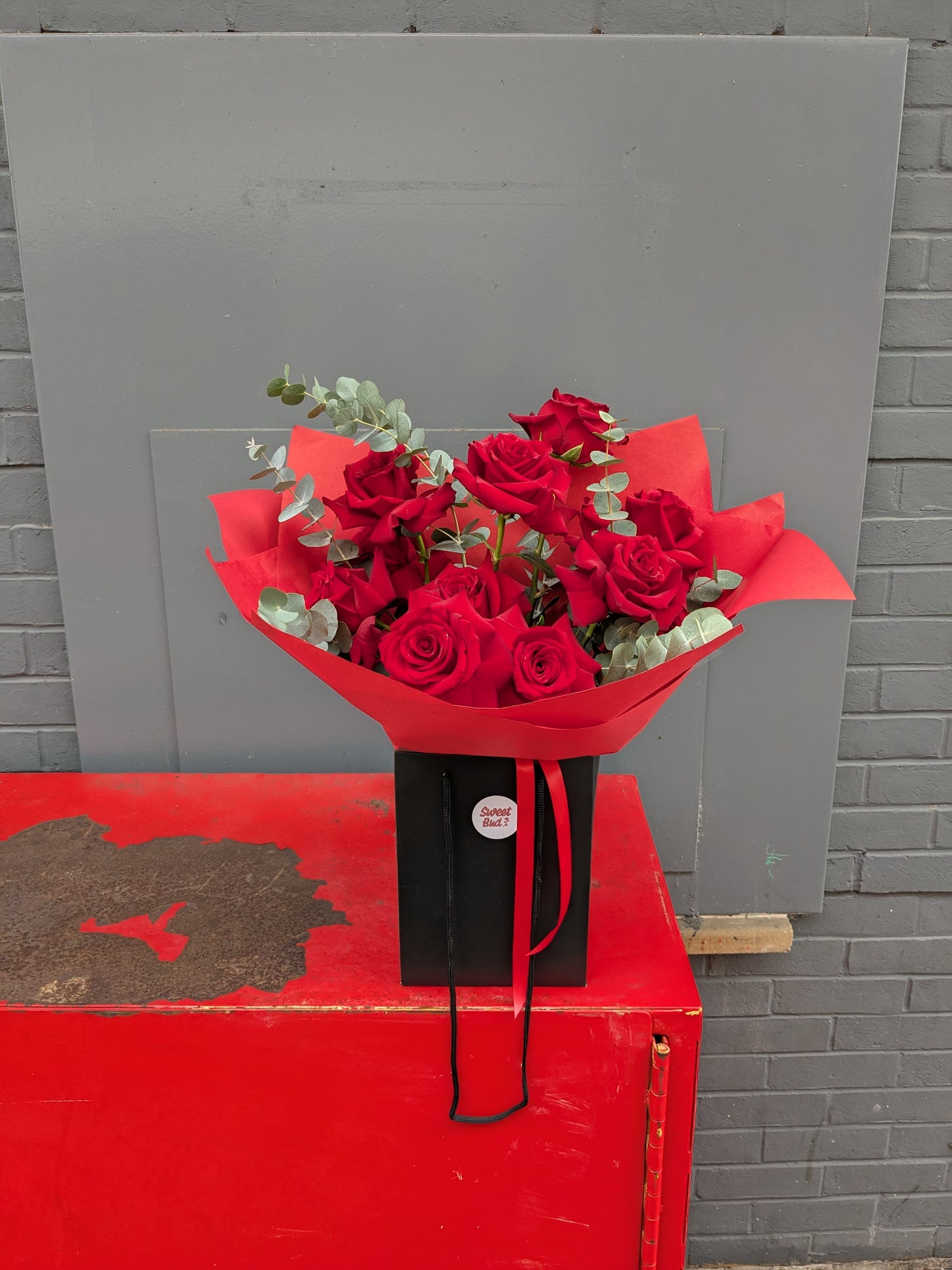 Luxury Dozen Red Rose Bouquet with Eucalyptus