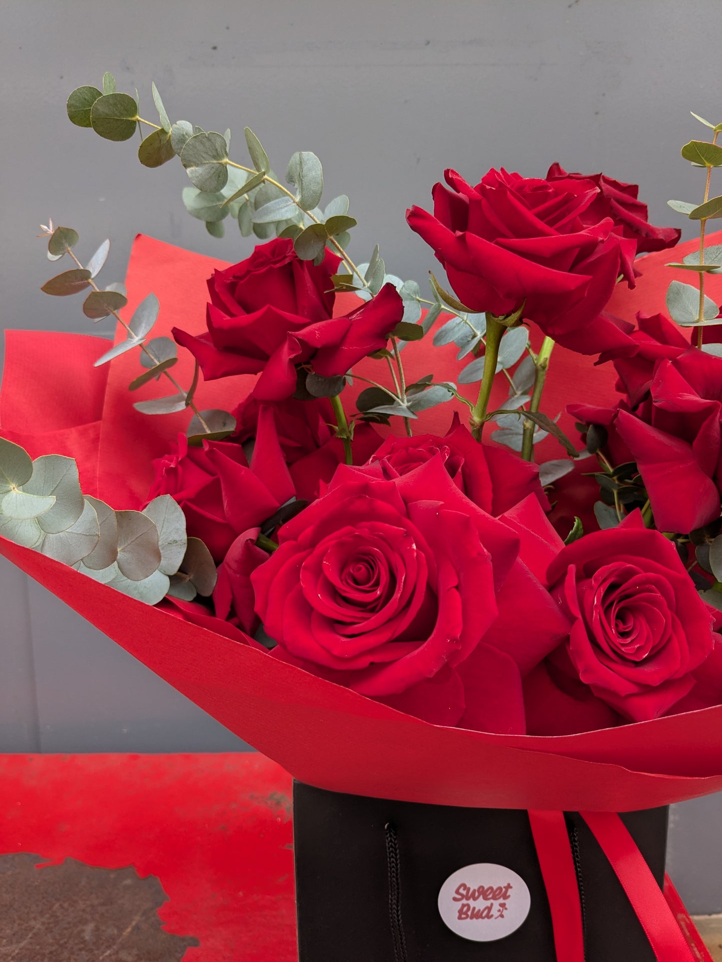 Luxury Dozen Red Rose Bouquet with Eucalyptus