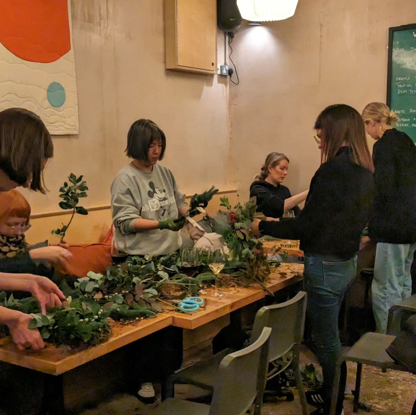 group festive wreath workshop in a cafe